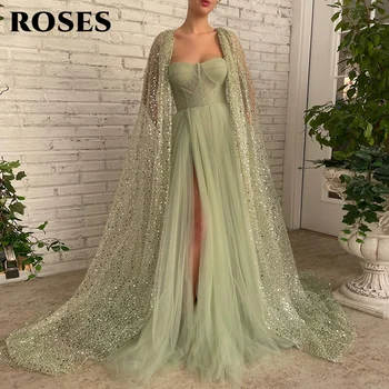 Sage Verde A Linha Prom Dress Com Glitter Lantejoula Laço de Cabo Querida de Alta Fenda Maxi Vestido de Noite Formal, Vestido de Festa manto sarau