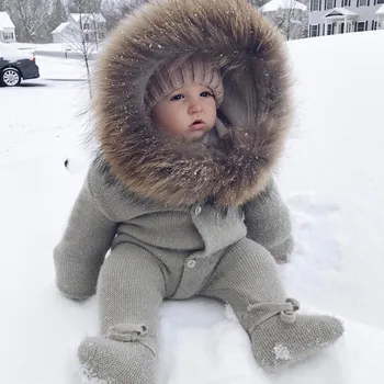 De malha vestuário com pé capa e roupas de bebê com gola de pele para o inverno ao ar livre 3-24M Único Breasted infantil Blusas